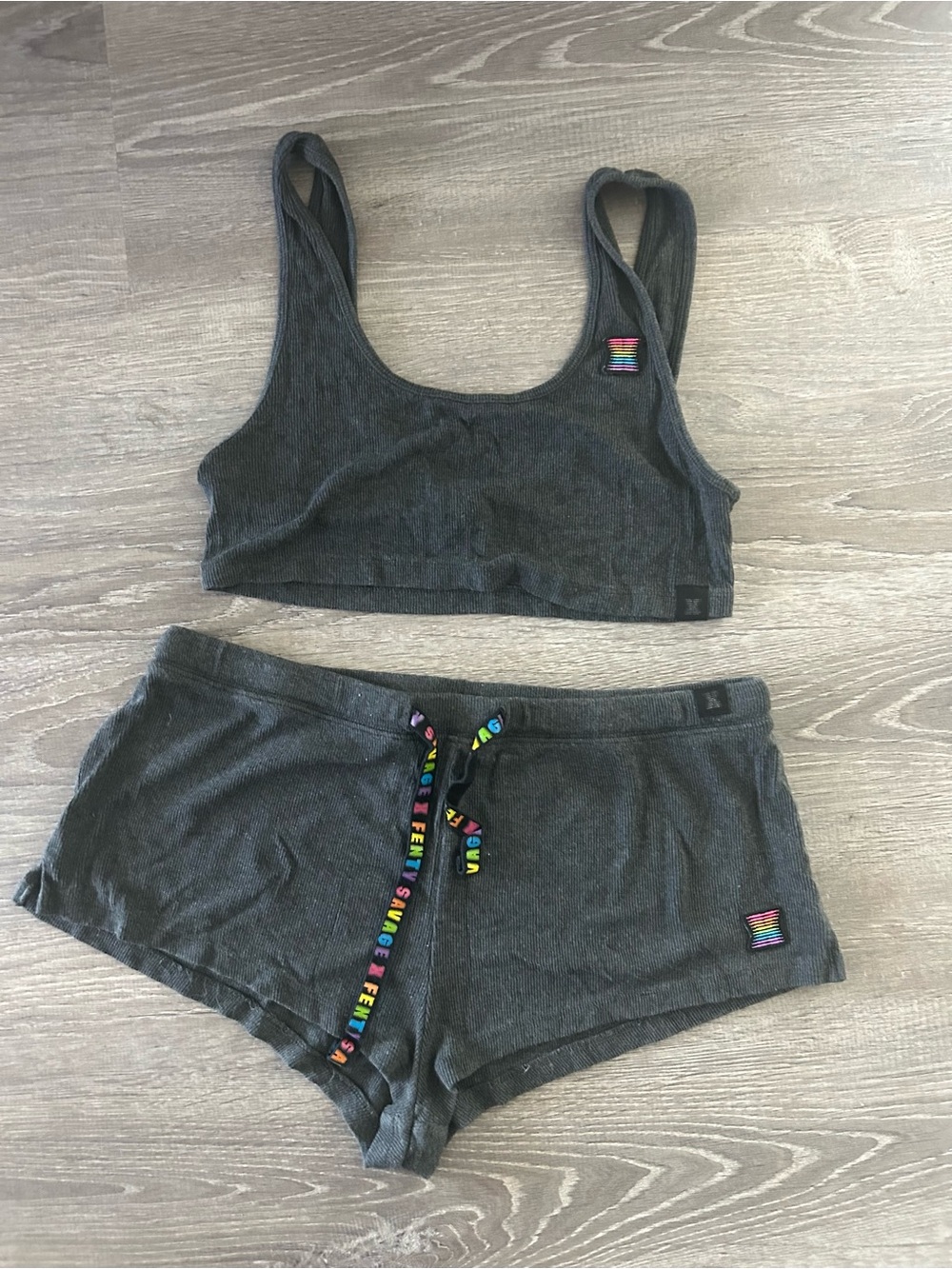 Savage x Fenty Pride Ribbed Lounge Set", "Forever Savage", "Dark Grey Heather